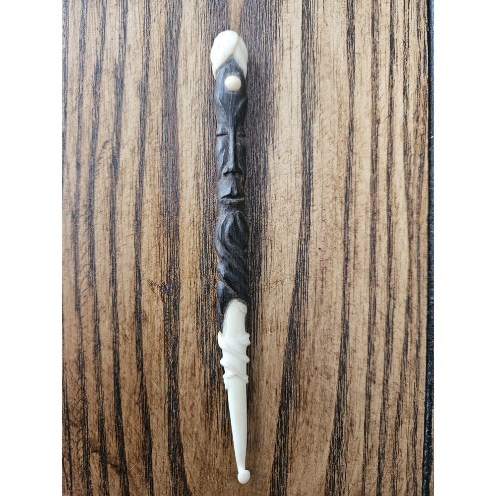 Antique Hand Carved Bovine Bone Crochet Hook Tribal Figural Grip Ergonomic Tool